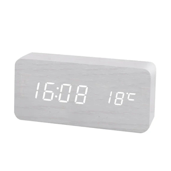 Functional WoodSync wooden LED alarm clock, featuring temperature display, a sleek and quiet timepiece