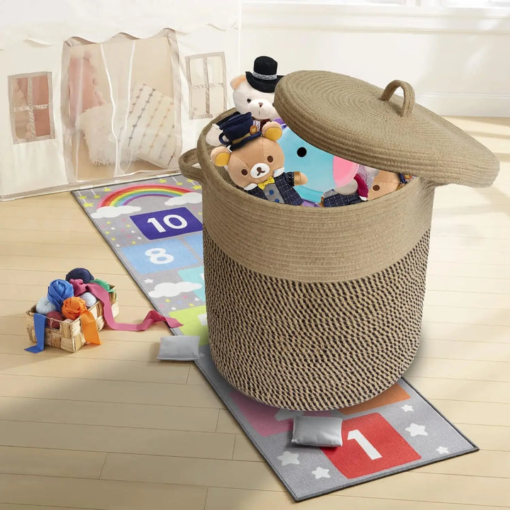Close-up of lidded 60L woven cotton laundry hamper, perfect for stylish home decor