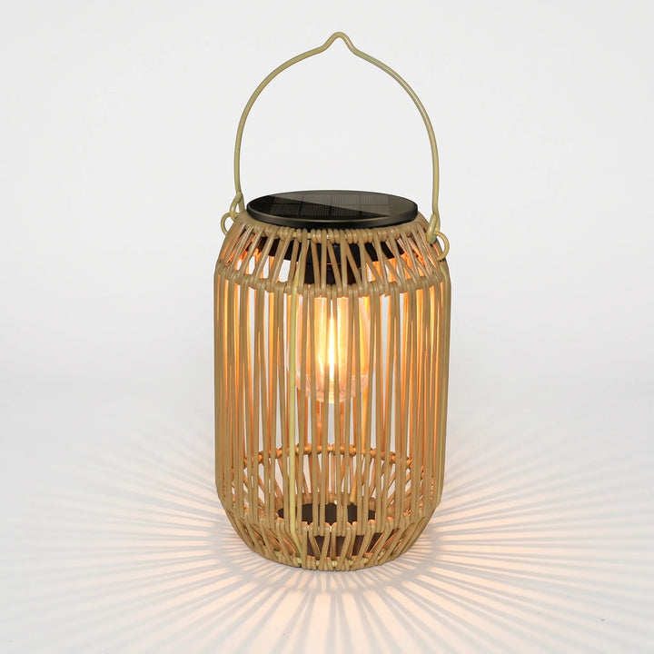 Rattan-style woven solar lantern for garden patio. Cordless ambient lighting, perfect outdoor decor.