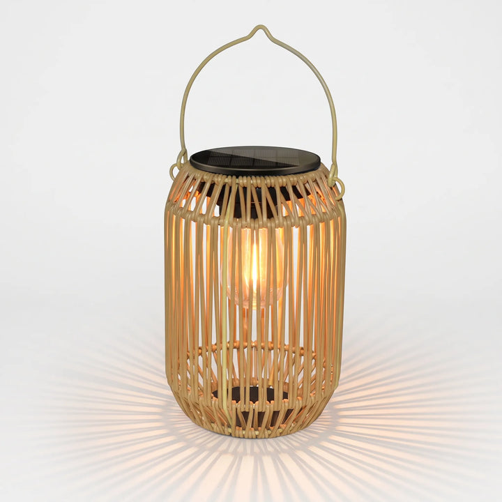 Stylish woven solar garden lantern for outdoor patio lighting. Ambient light, weatherproof, cordless decor.
