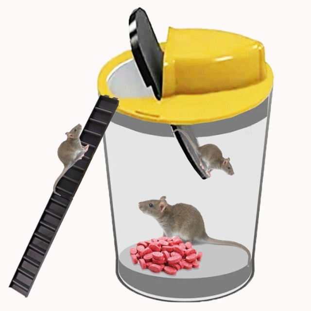 Yellow auto reset humane mouse trap bucket cover. Safe, no-kill pest control for rodents.