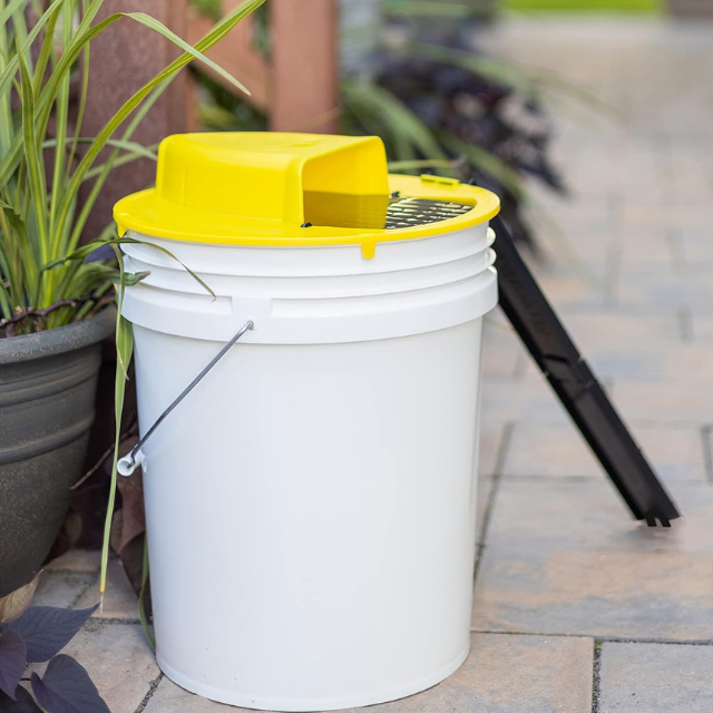 Yellow no-kill auto reset mouse trap bucket cover. Safe, humane pest control solution.