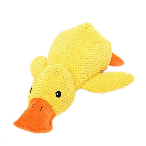 Yellow duck squeaky chew toy for dogs, perfect for anxiety relief, interactive play & mental stimulation.
