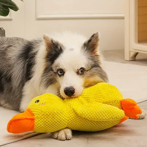 Durable polyester duck chew toy for dogs, offering anxiety relief, interactive fun & long-lasting play.