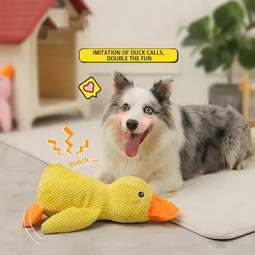 Washable polyester duck dog toy, a durable & calming squeaky chew toy to help relieve pet anxiety.