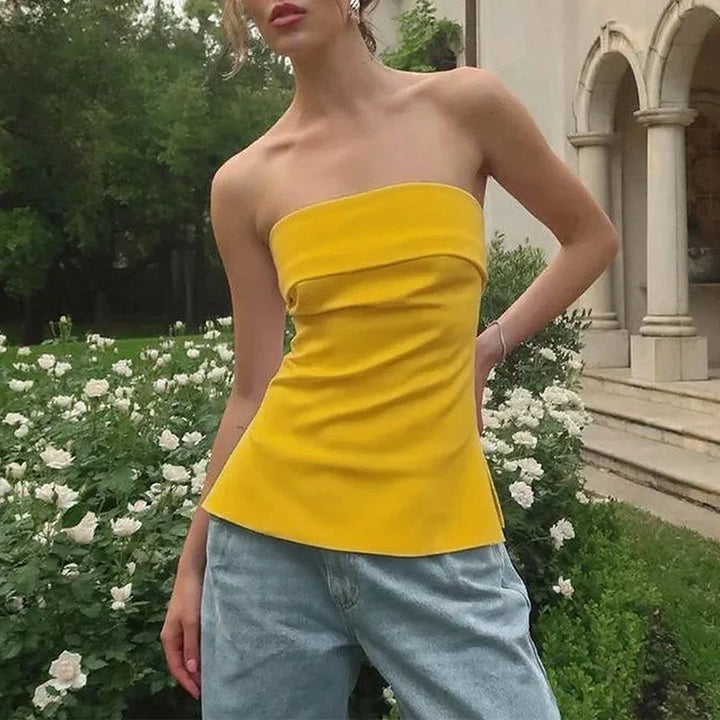 Yellow strapless tube crop top for women. Ideal summer fashion, comfortable & chic casual beachwear.