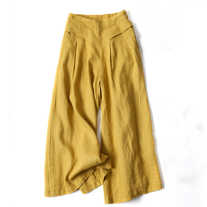 Yellow women's relaxed fit wide-leg trousers, high-waisted for comfortable everyday style.