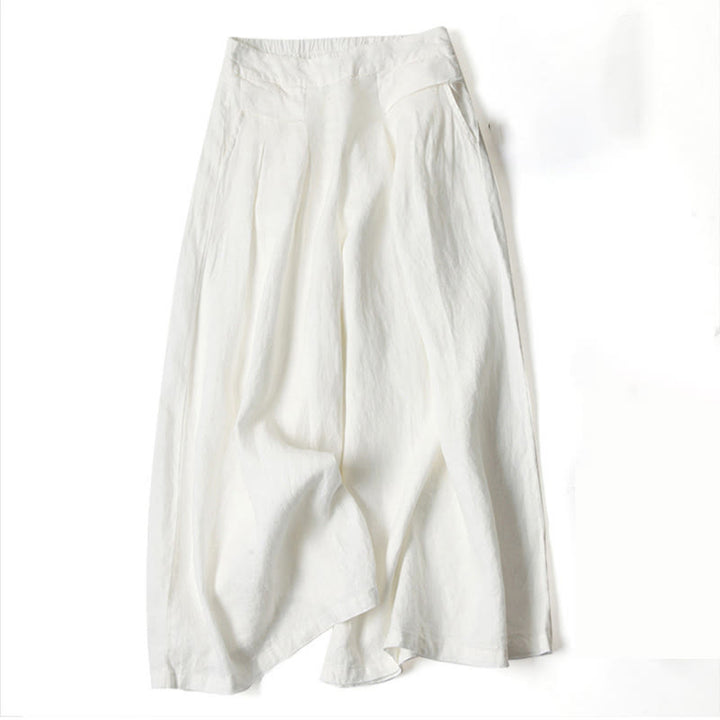 Beige women's versatile wide-leg trousers, relaxed fit for comfortable high-waisted style.