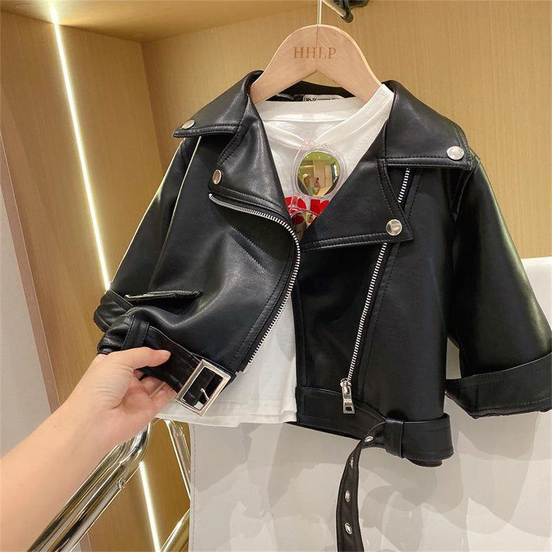 Casual boys' outerwear: a stylish, black PU leather jacket, ideal for spring and fall protection.