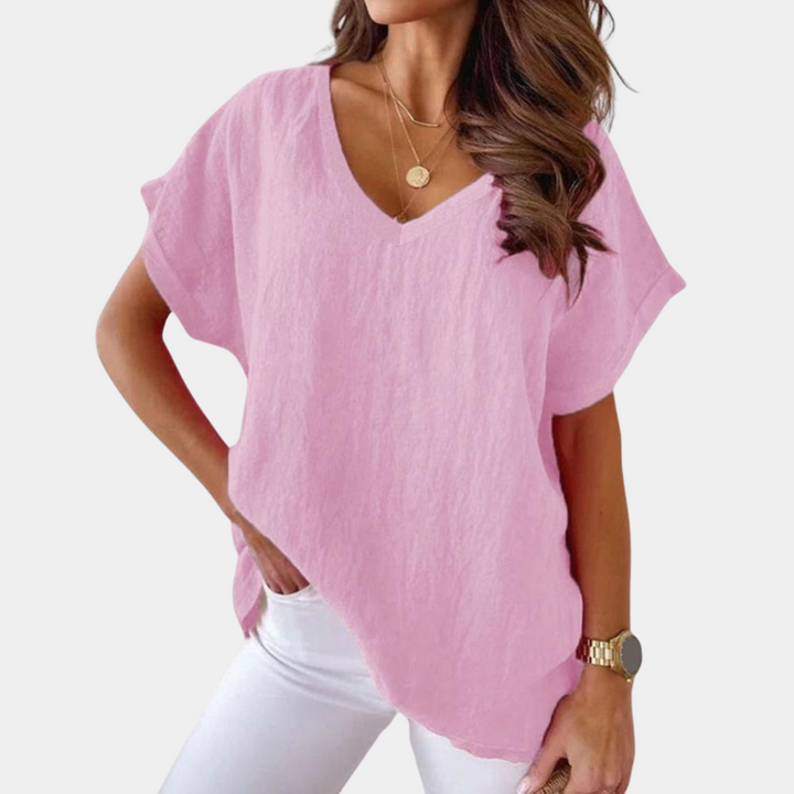 Casual women's basic V-neck top made from soft cotton, suitable for daily outfits