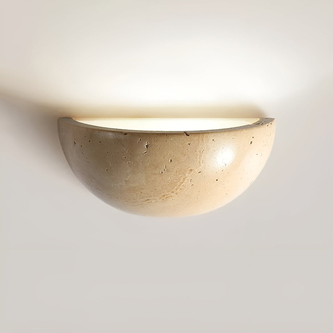 ZenGlow Half-Round LED Wabi-Sabi Wall Sconce. Modern, minimalist stone wall lamp for ambient home decor.
