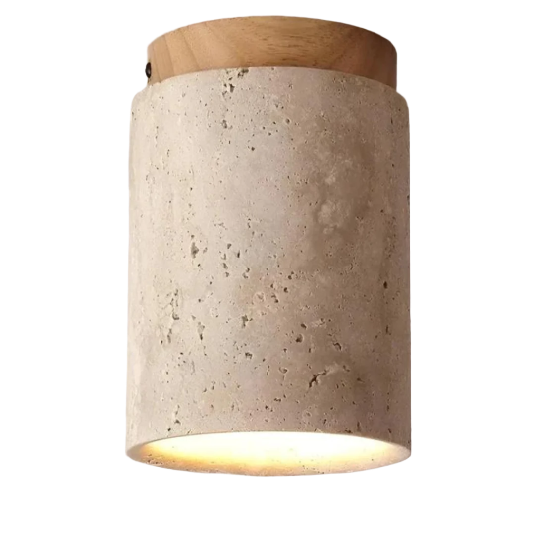Round LED ceiling lamp in Japanese style, made with natural travertine stone. Energy efficient lighting.