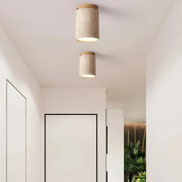 Wabi-Sabi round LED ceiling lamp with natural stone texture, ideal for serene Japanese home decor.