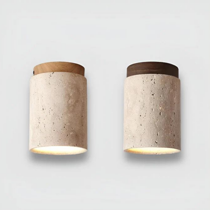 Trendy round Japanese style LED ceiling lamp, Wabi-Sabi design, natural travertine stone home decor.