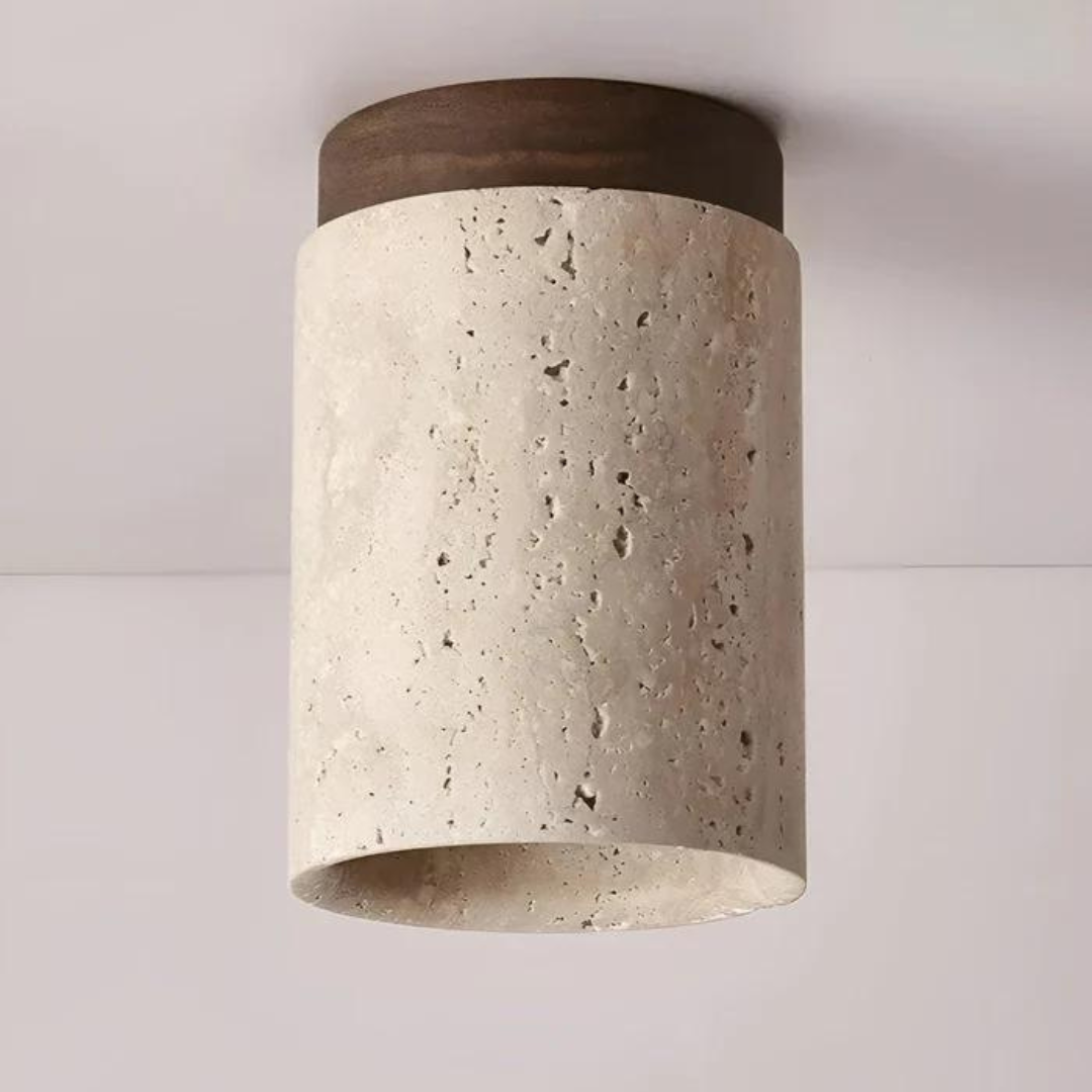 Japanese style round LED ceiling lamp with natural travertine stone diffuser, soft energy-efficient light.