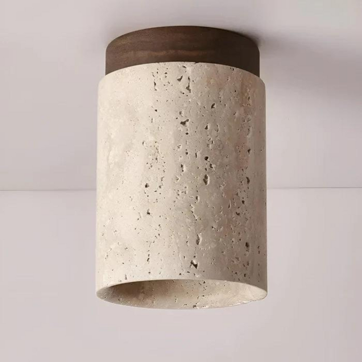 Japanese style round LED ceiling lamp with natural travertine stone diffuser, soft energy-efficient light.
