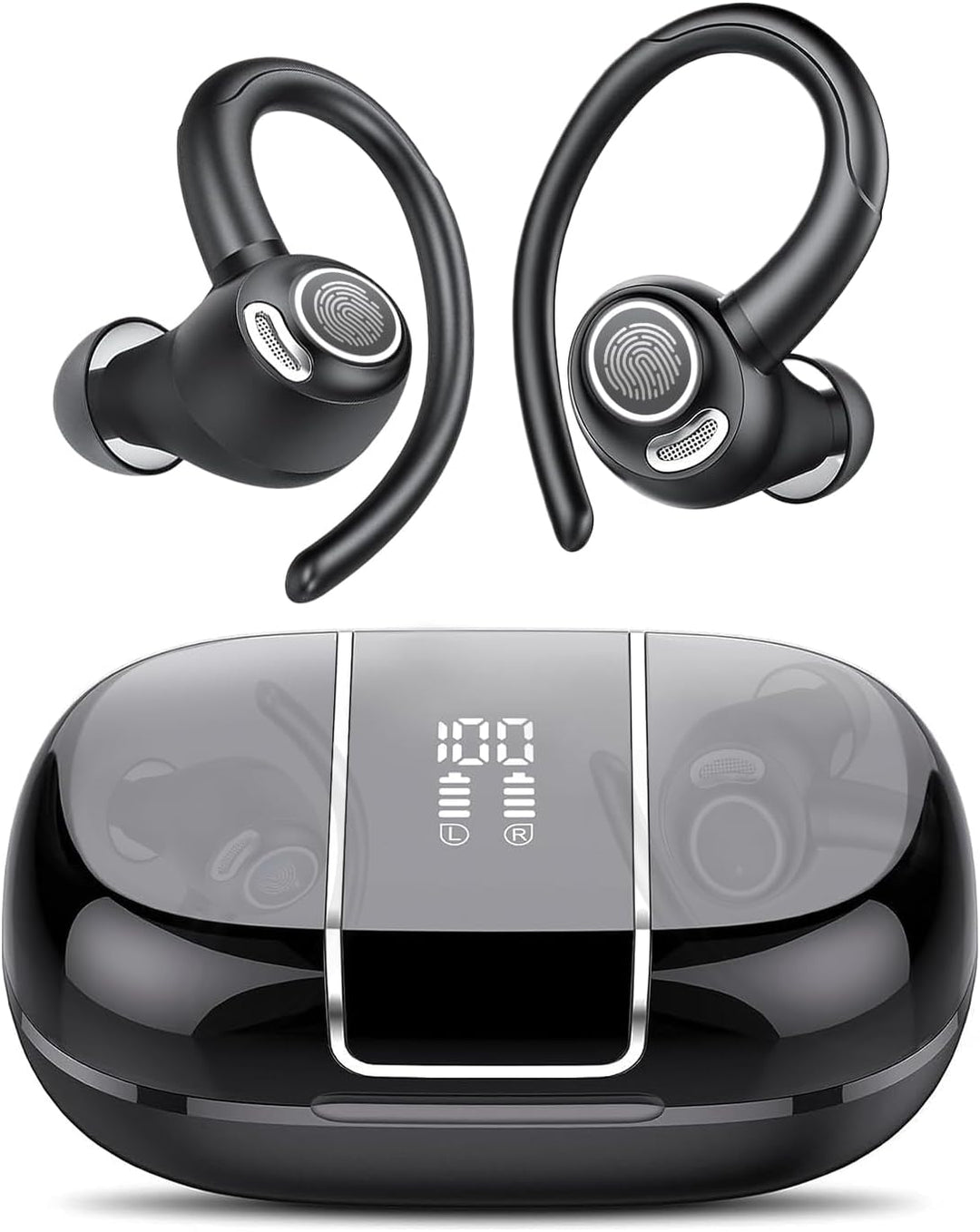 Zeyora Sport Earbuds, Bluetooth 5.3, 48H Playback, IP6 waterproof, sleek black design, noise reduction