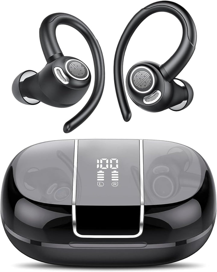 Zeyora Sport Earbuds, Bluetooth 5.3, 48H Playback, IP6 waterproof, sleek black design, noise reduction