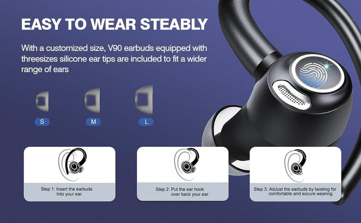 Close-up of Zeyora wireless sport earbuds, ergonomic design, featuring Bluetooth 5.3 and long playback