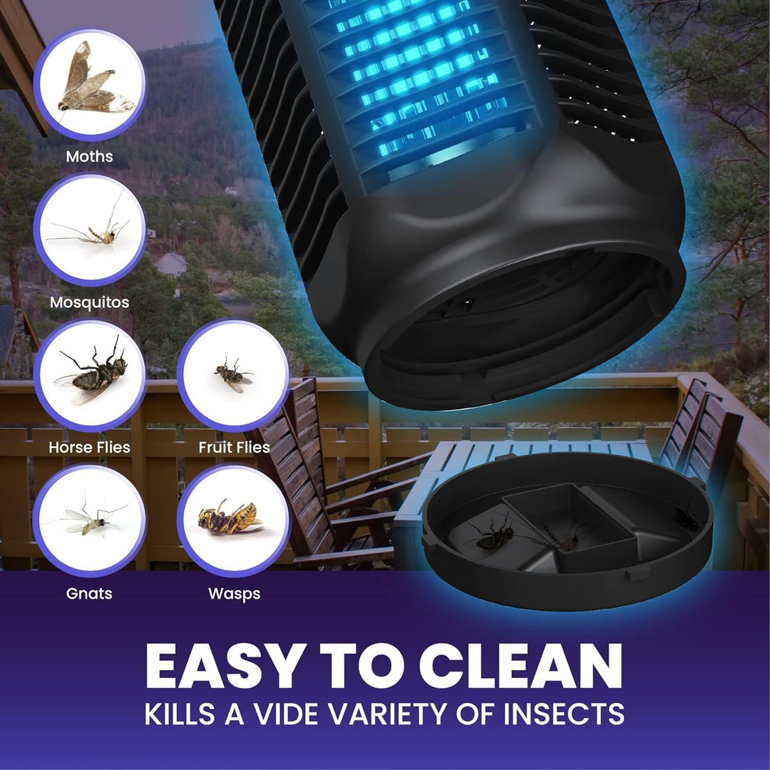 Waterproof electric insect killer, 4200V grid and 20W UV light, perfect for eliminating bugs outdoors.