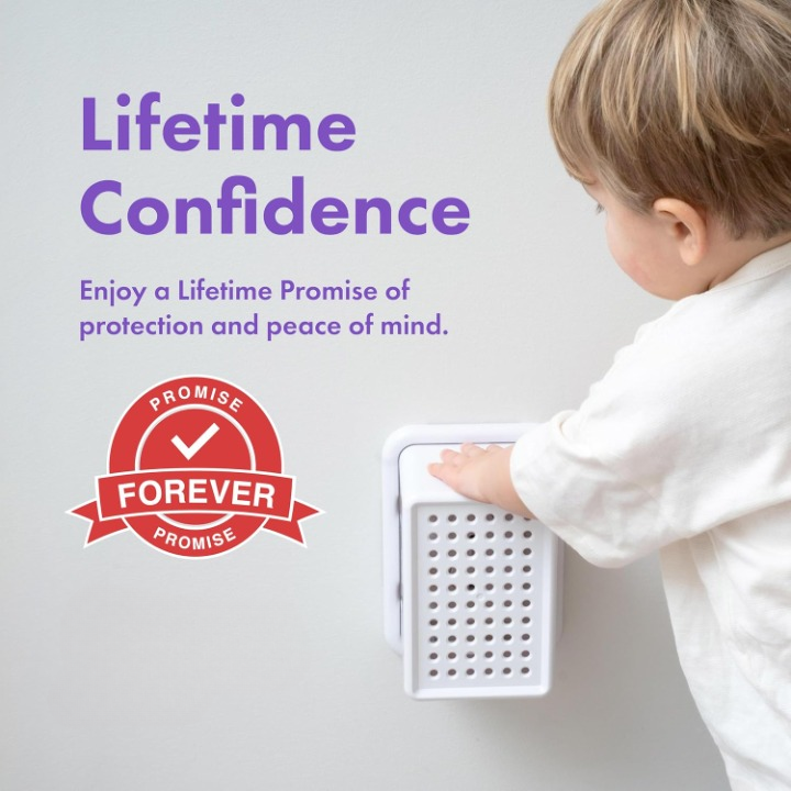 Child resistant Zeyvia powerpoint cover against an Australian wall socket for baby proofing.